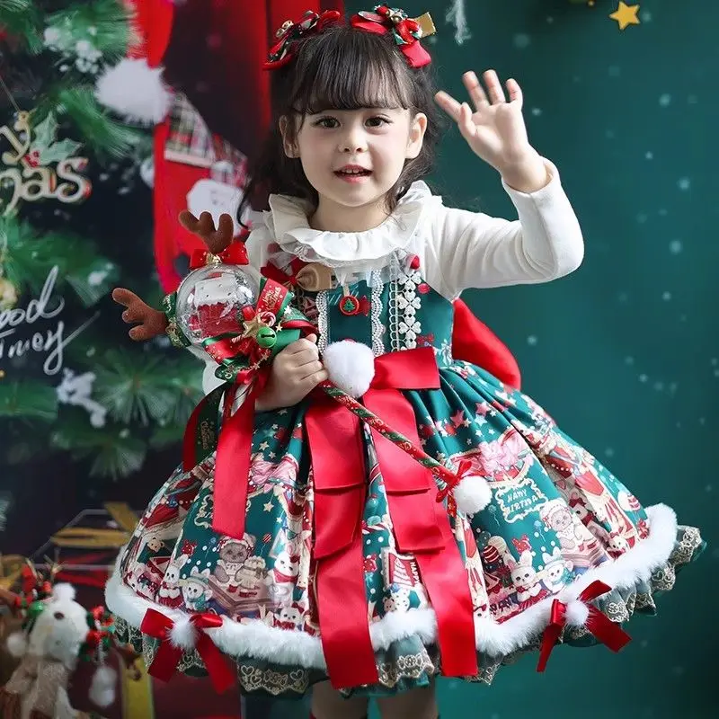 Autumn Winter Girls Pricess Cartoon Toddler Cute Baby Ball Gown Lolita Sundress+Base Shirt 2pcs Suit Christmas Party Clothes
