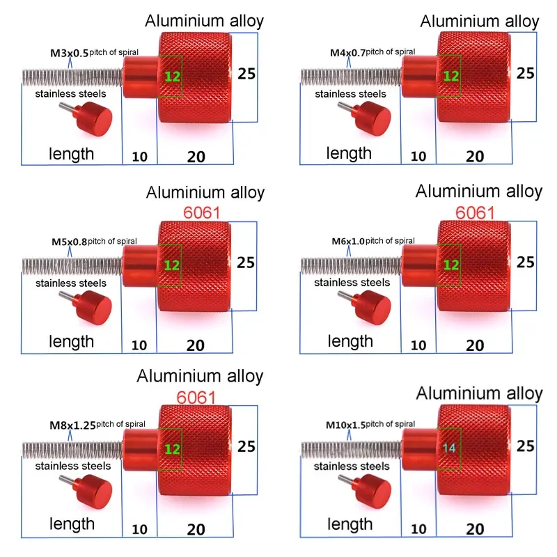 3 uds tornillos de pulgar de aluminio negro/rojo M3 M4 M5 M6 M8 M10 tornillo de pulgar moleteado cabeza moleteada de aluminio 304 rosca de acero inoxidable
