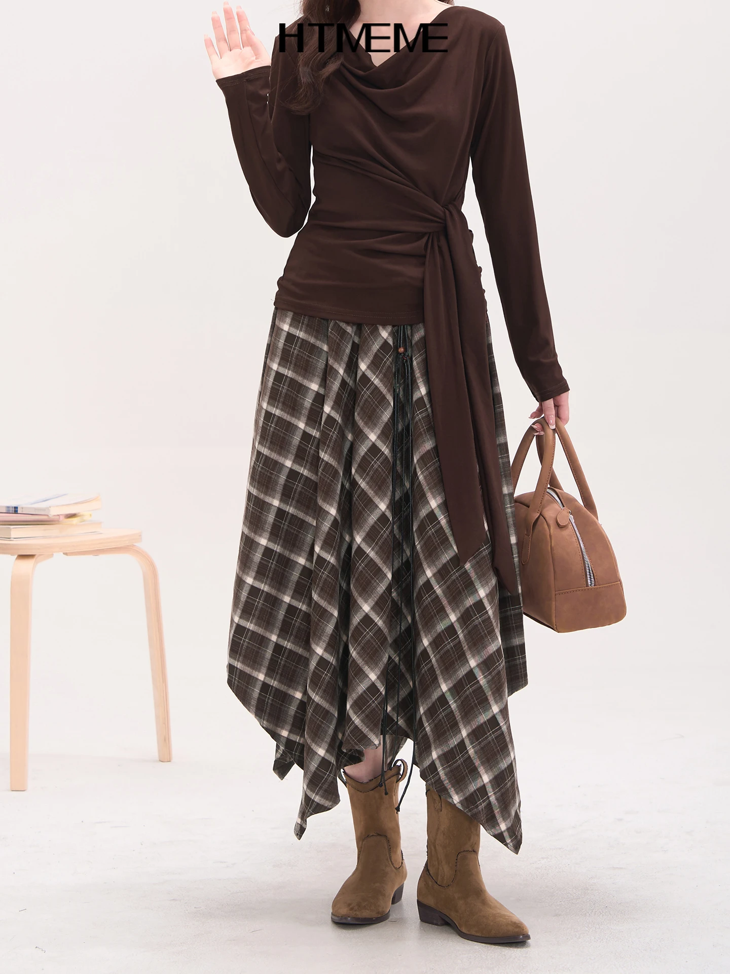 

High Waist Midi Skirt Asymmetric Plaid Vintage Women's Skirt Floral Field Window Heme Forest Autumn Season Casual Wear