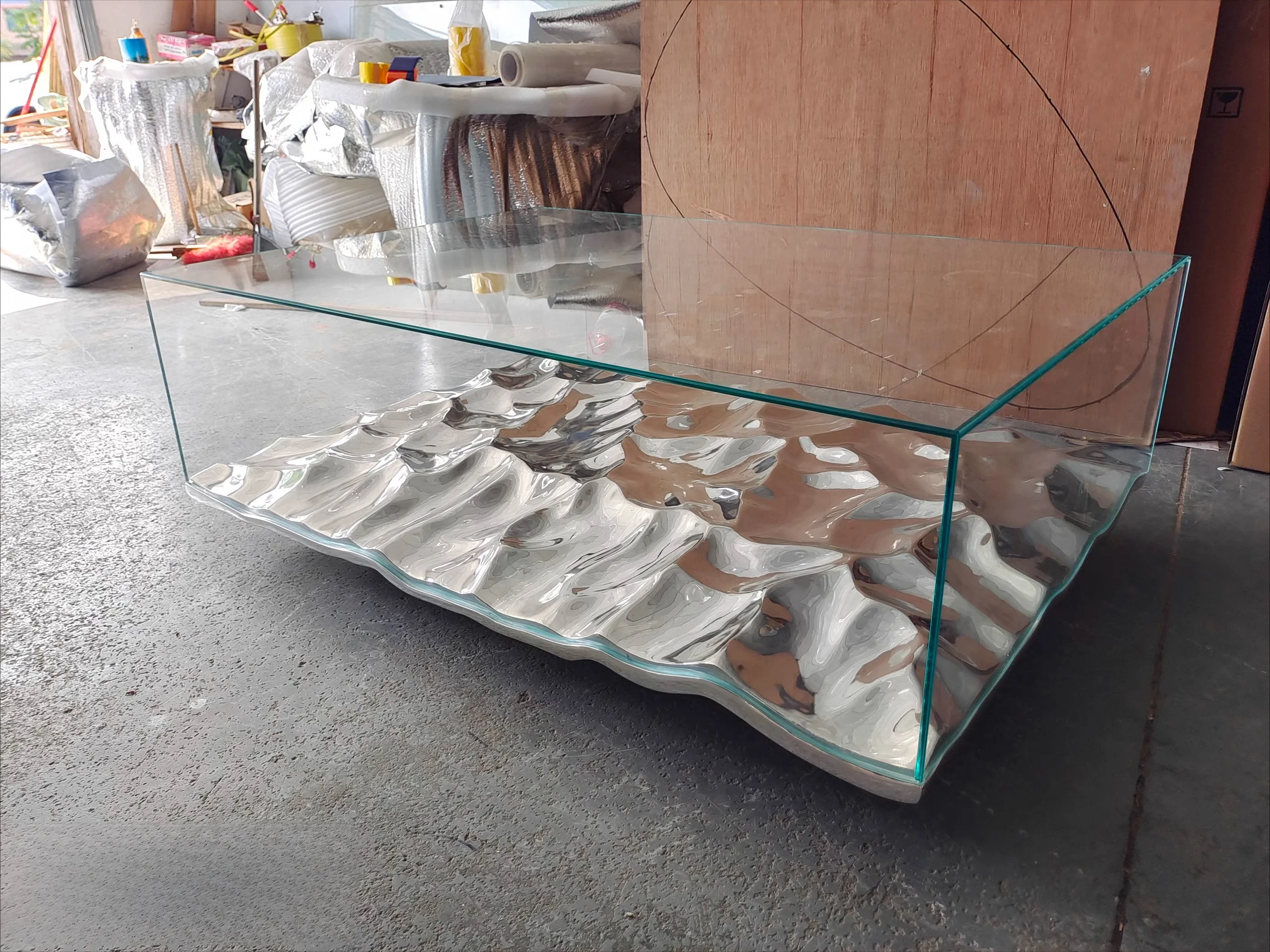 Glass water ripple coffee table electroplating living room hotel simple modern rectangular multi-person solid color table