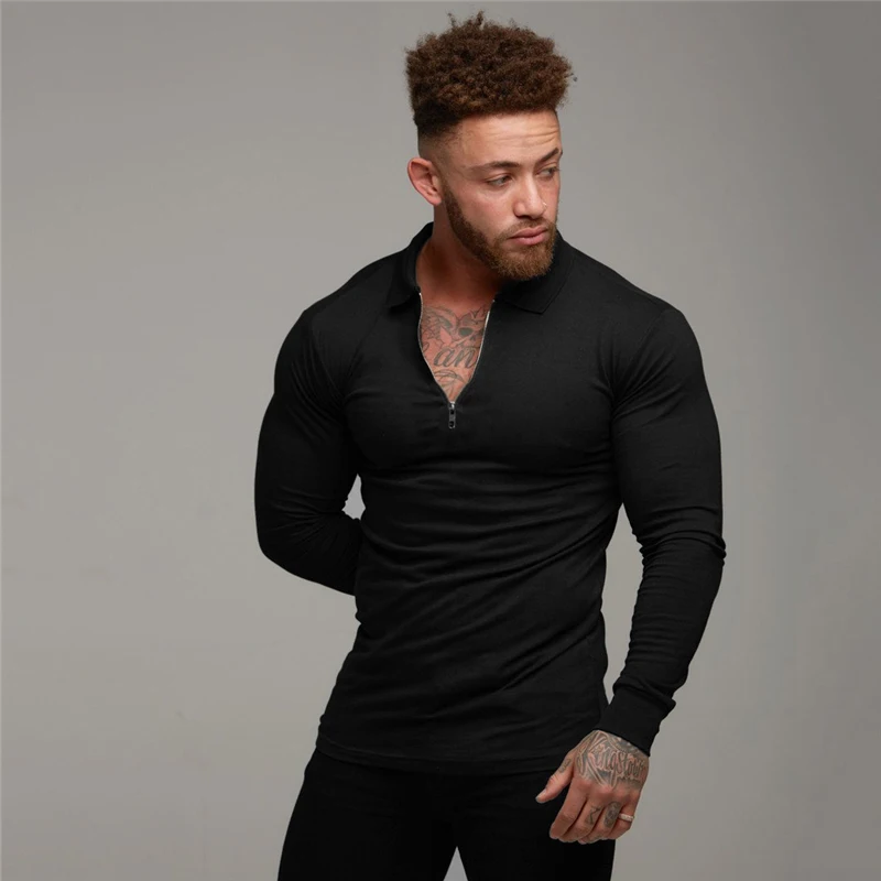 2026Gyms Fashion Zipper Polo Shirt Mens Clothing Workout Casual Polo Shirts Breathable Sports Long Sleeve Korean Men's Polos