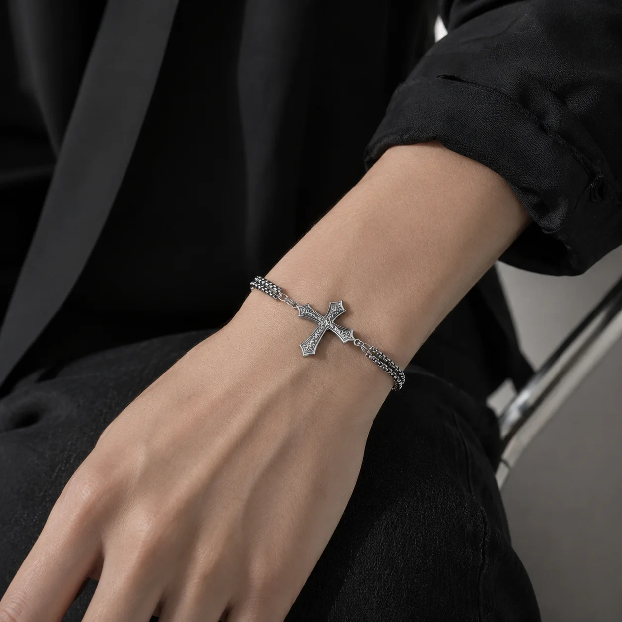 Punk Silver Color Cross Bracelet For Women Men, Stainless Steel Adjustable Chain Wristband, Waterproof Jewelry Gift