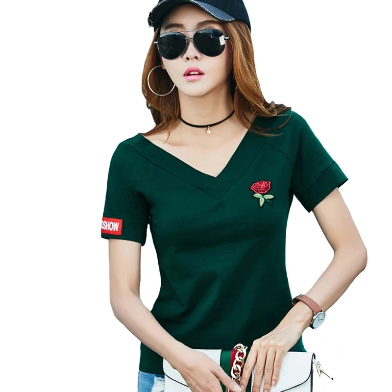 2020 Rose Embroidery V-Neck Summer T-shirts Women Casual Female T-shirt Slim Short Sleeve Cotton Girls Tops