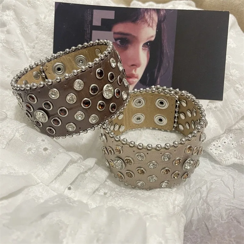 2026 New Punk Hip Hop Rhinestone Bracelet For Women Retro Western PU Leather Cuff Jewelry Fashion Style Birthday Gift Accessory