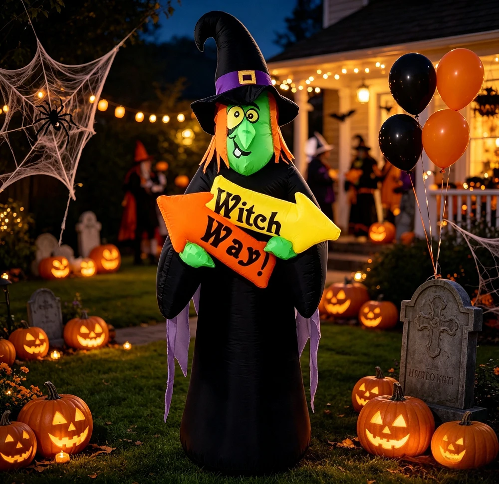 2.4mHalloween Inflatable Witch Route Guide Decoration Outdoor Courtyard Lawn Display Festival Party Garden Atmosphere Decoration