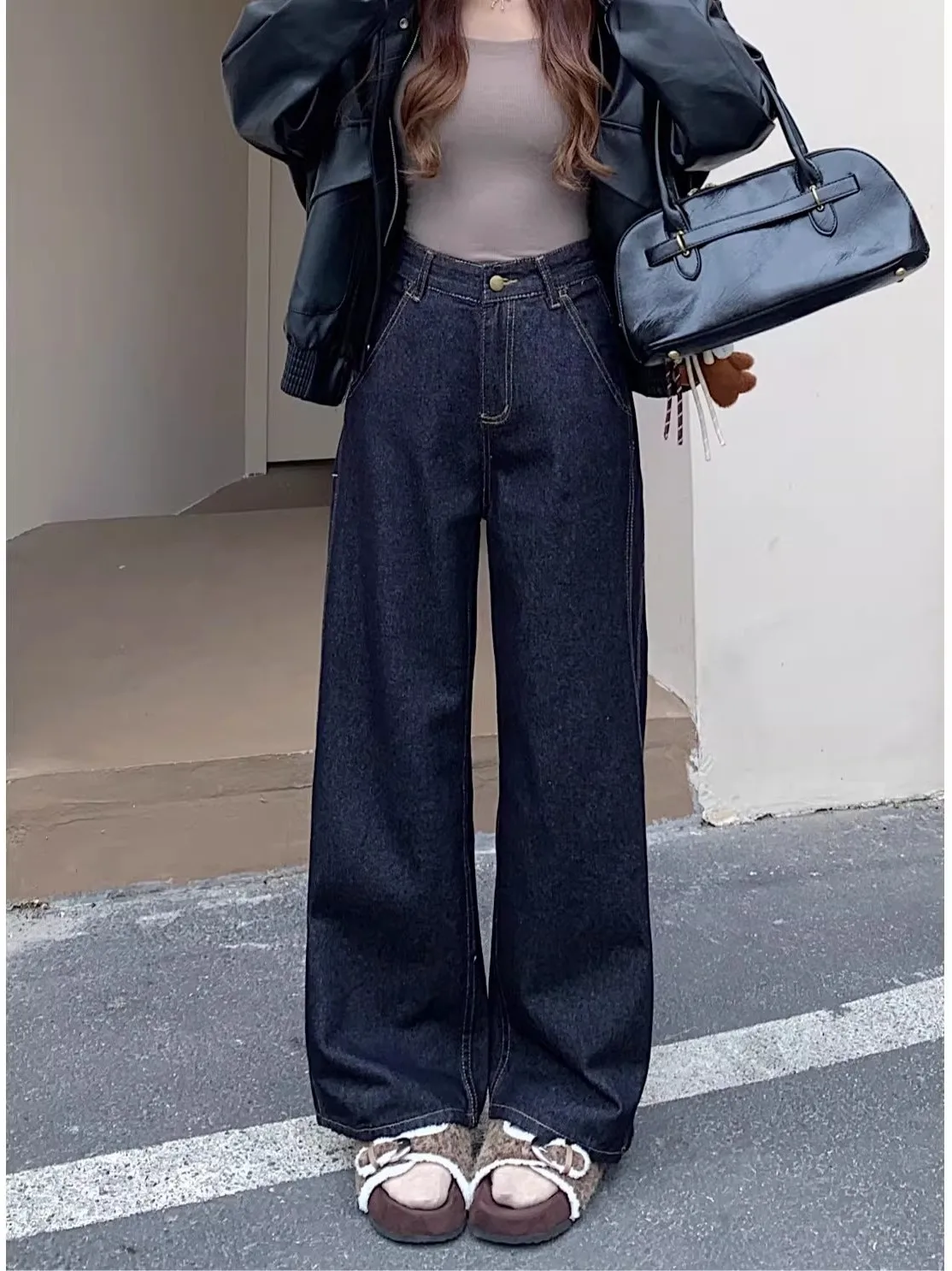 

Retro Deep Blue Wide Leg Jeans American High Waist Straight Casual Loose Floor-Length Trousers Ladies Standard Fit Jeans