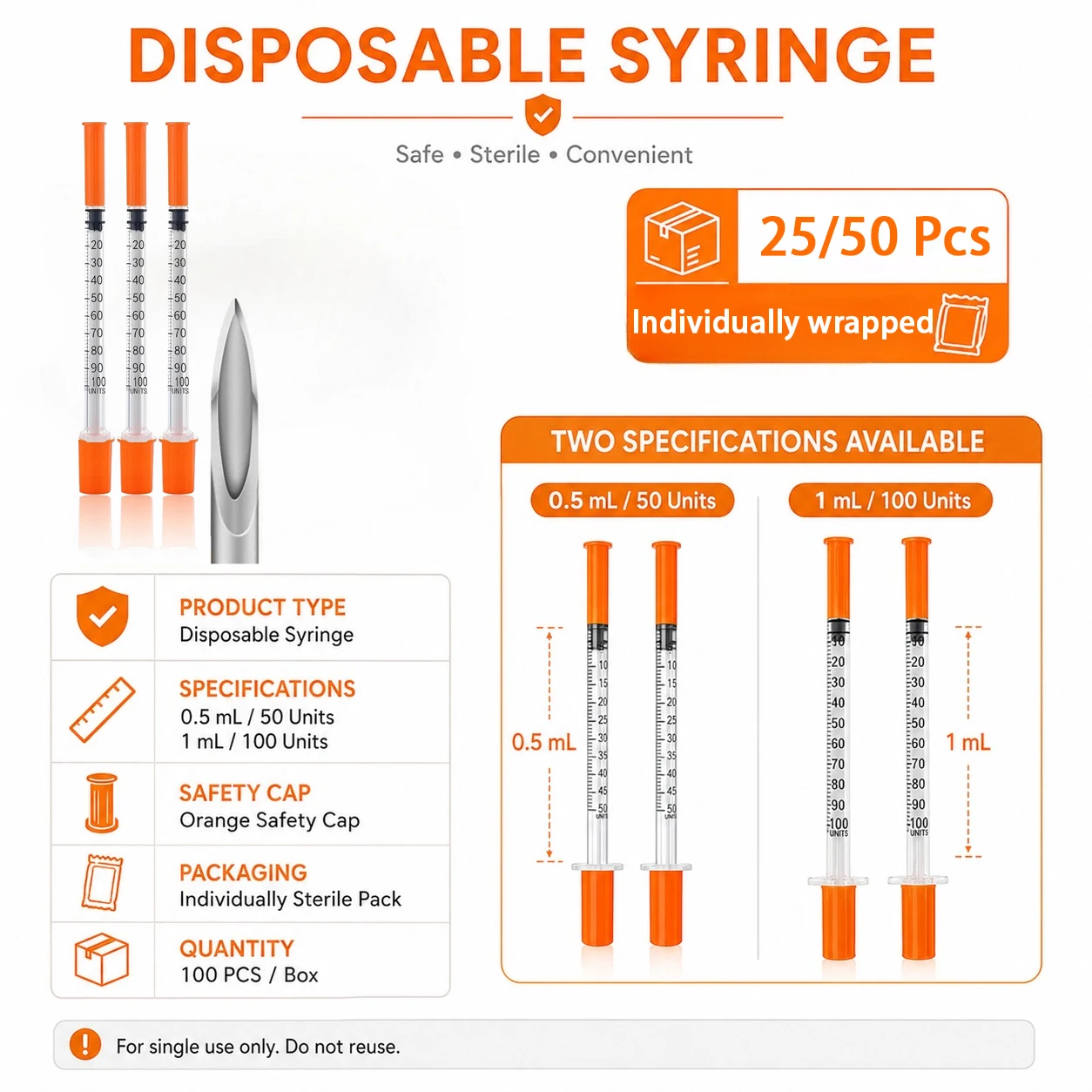 50/25 Pcs 1ml 0.5ml Orange Cap Syringe, Disposable Plastic Veterinary Syringe With Needles for Pet Dog Cat