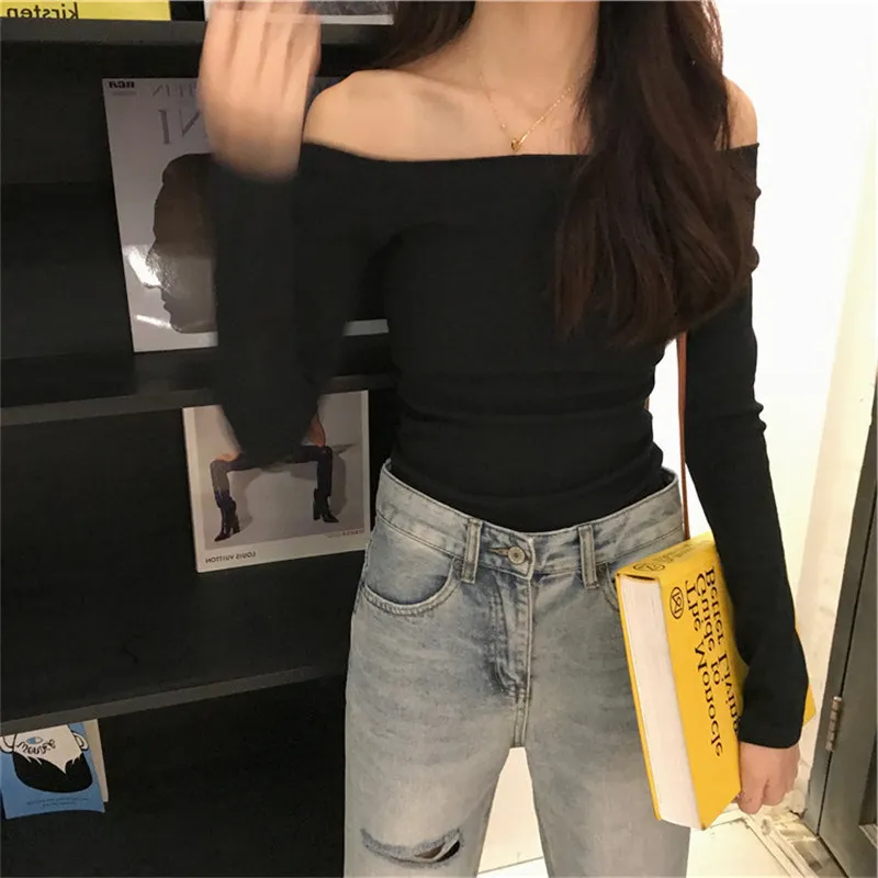 Kpop Long Sleeve Shoulder Off T-shirts Women Sexy Winter Y2K Tops Korean Fashion Vintage Tees Slim Cheap Clothes Woman Tshirts