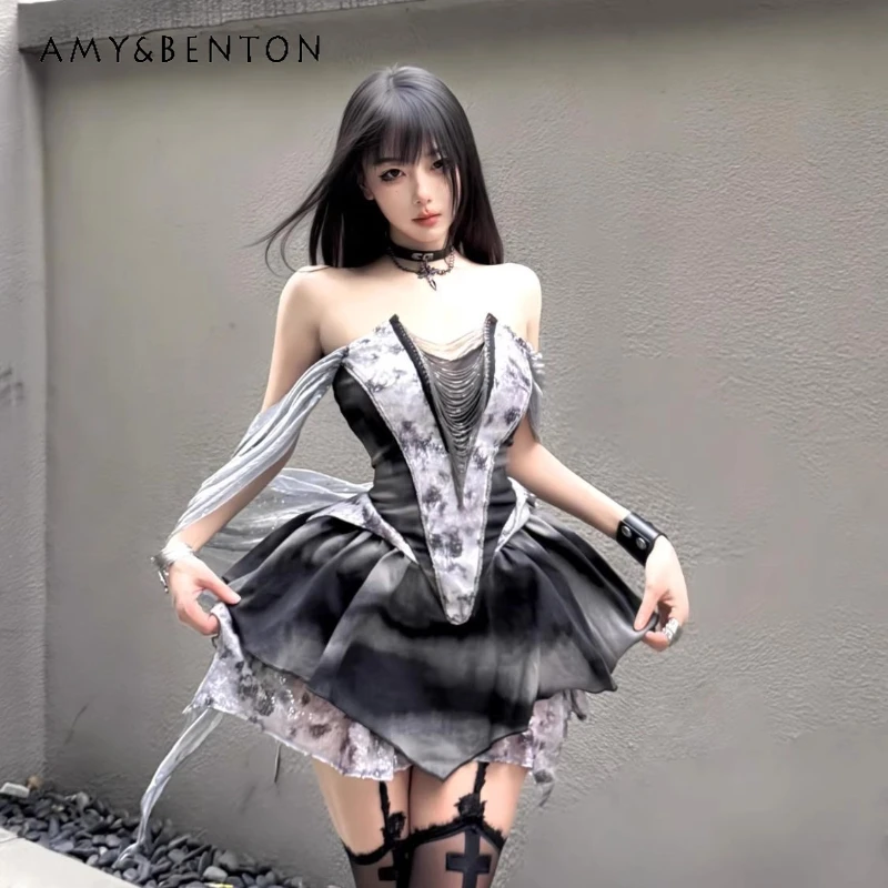

Original Design Y2k Punk Style Splicing Hot Girl Dress 2025 Summer One-word Shoulder Waist Ink Dye Lace Fluffy Dresses Ladies
