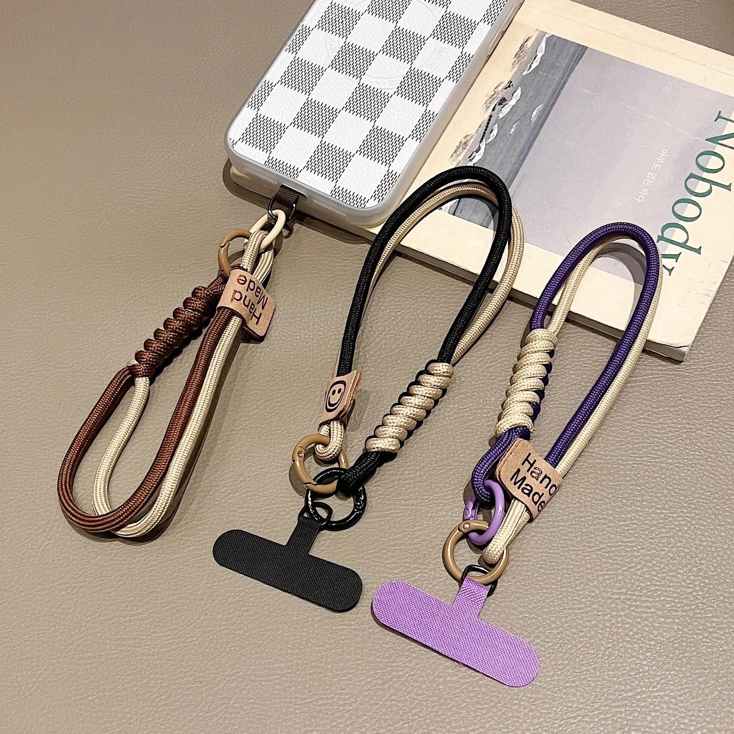 Ins British Style Contrasting Woven Phone Lanyard Short Handheld Trendy Phone Case Wrist Rope Doll Luggage Pendant Hanging Rope