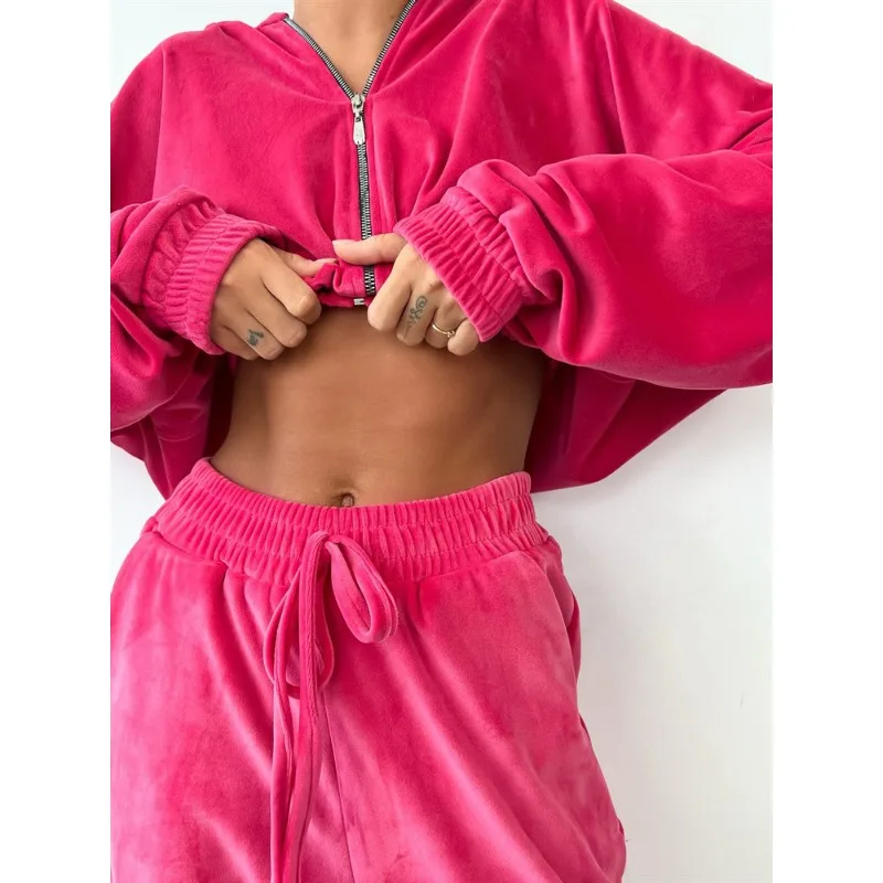 Frau Herbst 2-teiliges Outfit Samt Mit Kapuze Zipper Langarm Tops Lose Sportliche Jogginghose Jogger Hose Casual Sets Anzug Frauen
