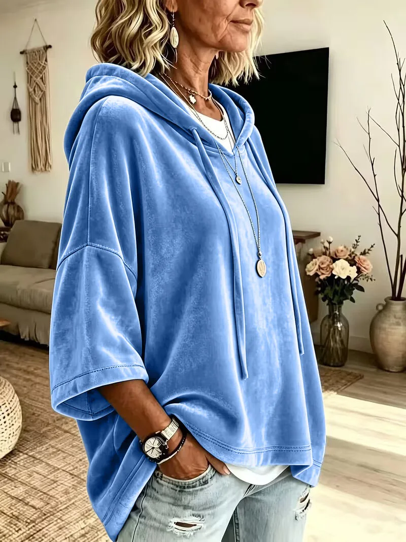 Neuer Herbst-Winter Damen Einfarbiger Samt-Hoodie mit 3/4-Ärmeln Lässige Oberteile – Detail 4