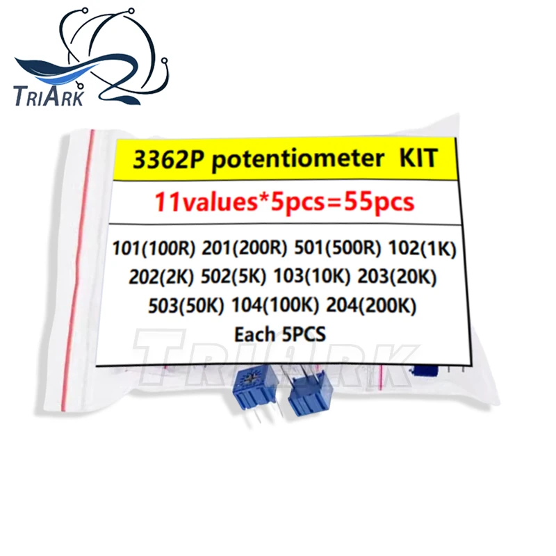 

Комплект регулируемого потенциометра 3362P, 11 значений * 5 шт. = 55 шт., содержит 100R, 200R, 500R, 1K, 2K, 5K, 10K, 20K, 50K, 100K, 200K, 500k, 1 м