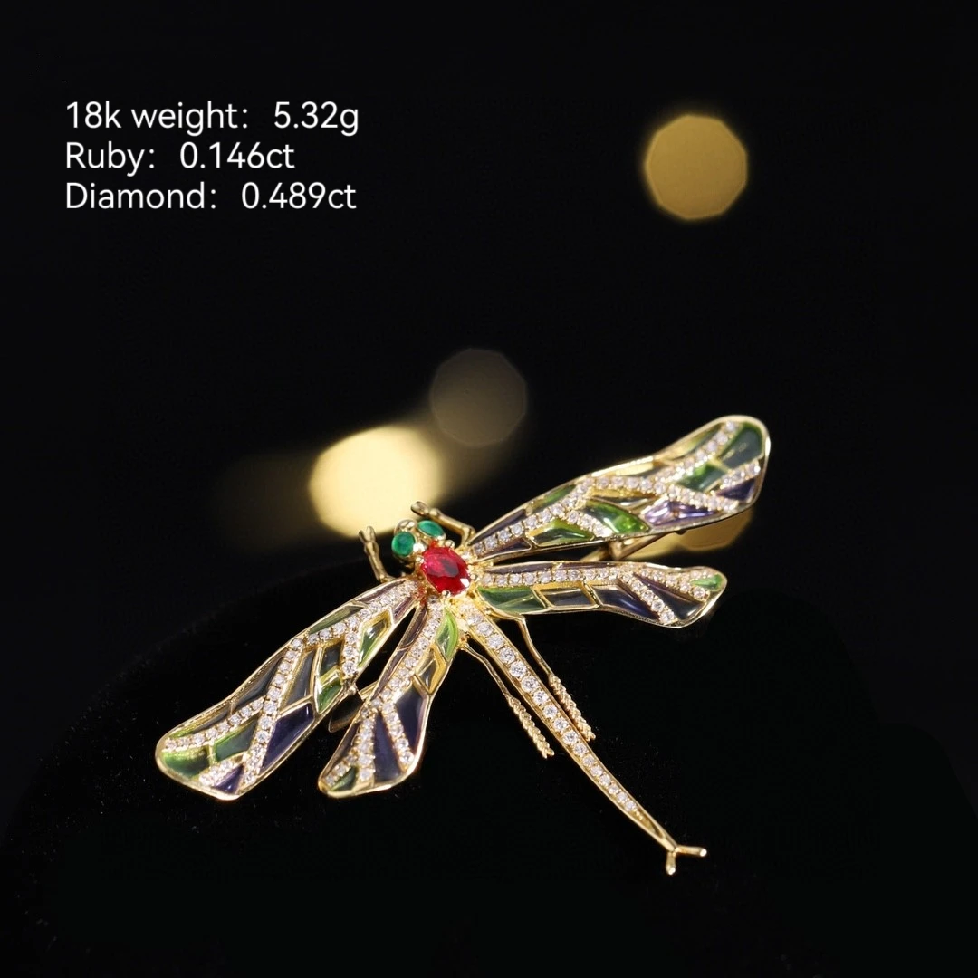 

IFASHION 100% 18K Solid Yellow Gold Diamond Brooche Emerald For Women(AU750) Women Real Natural Diamond Fashion Mini Design Gift