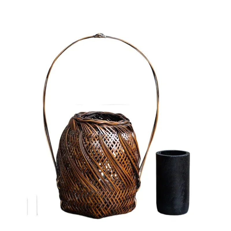 Chinese Zen Plant Vase Handwoven Bamboo Basket Flower Arrangement Vessels Flowers Tub With Inner Tank Home Decoration