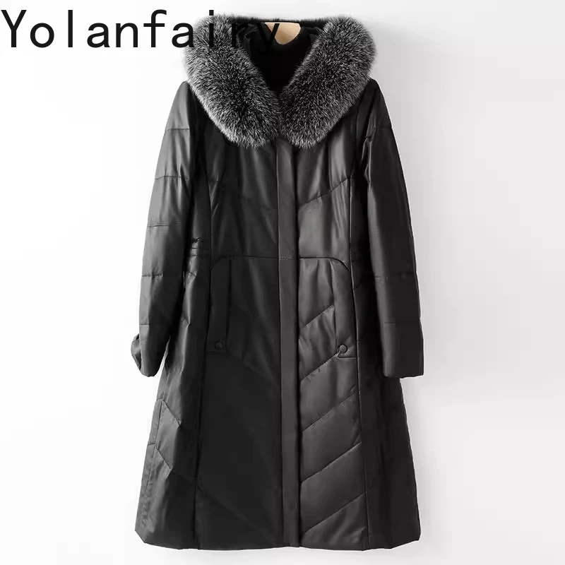 YOLANFAIRY 리얼 양가죽 다운 재킷 여성용 겨울 후드 폭스 퍼 칼라 중간 길이 천연 가죽 코트 패딩 코트
