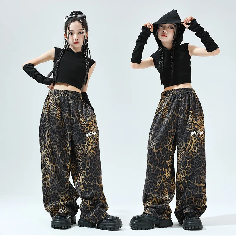 Jazz Street Dance Costume Girls Hip Pop Kpop Stage Performace Suit Line Dance Wear Kids Black Hoodie Leopard Pants Summer VDL889