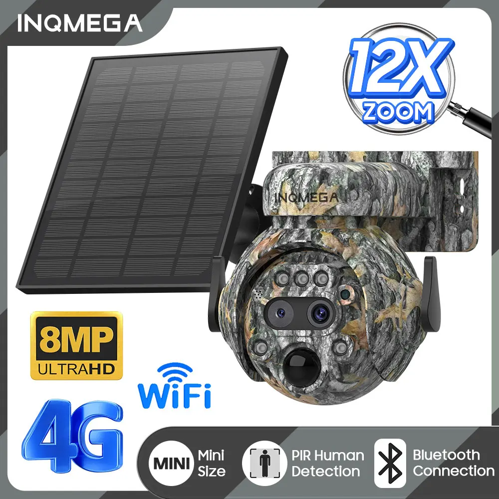 INQMEGA 8MP 태양열 구동 카메라 4K 4G / WIFI 태양 전지 패널 보안 PIR 인간 감지 캠 숲