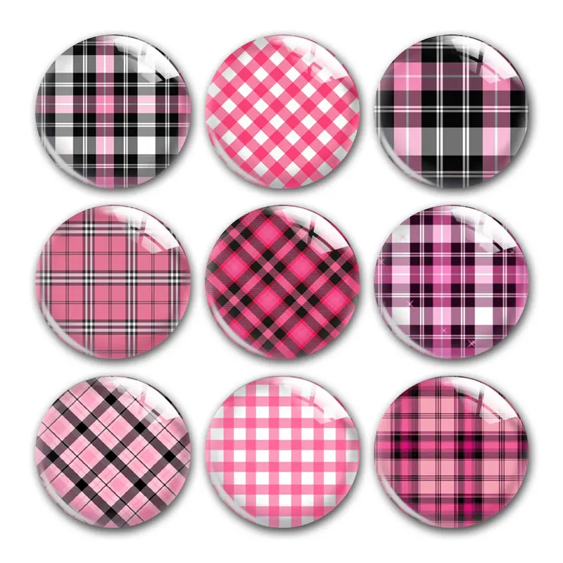 

In October We Wear Pink Breast Cancer Plaid Round Photo Glass Cabochon Demo Flat Back DIY Jewelry Making Supplies Snap Button