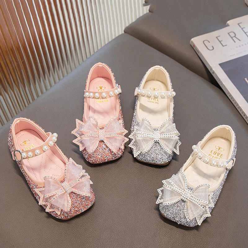 Girls Mary Jane for Party Wedding Shows Children Spring Shallow Kids Fashion Rhinestones Bow Beautiful Princess Flats 2023 New