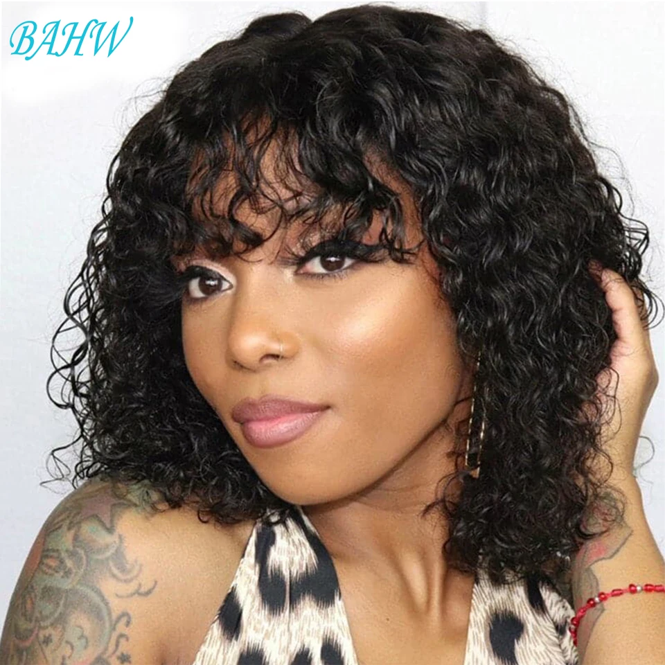 

BAHW Malaysian Water Wave Virgin Hair Wigs With Bang Short Bob Wigs Human Hair Glueless Full Machine Made Wigs for Black Women