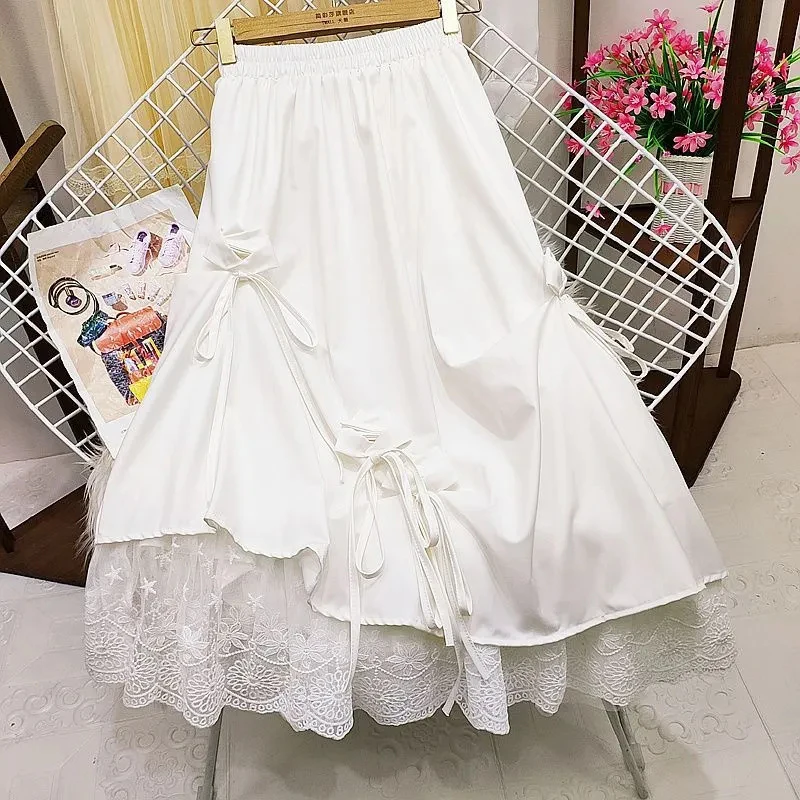 Y2k Vintage Sweet Midi Skirt Women Plus Size High Waist Mesh Bowknot Patchwork Skirt Autumn Korean Chic Elegant Fashion Skirt