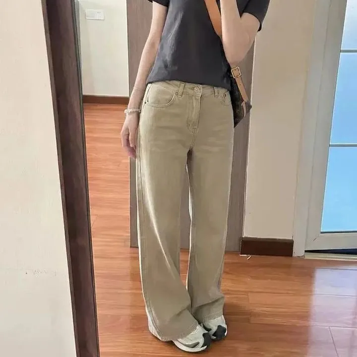 Khaki Wide Leg Jeans Women's High Waist Loose Fit Straight Cut Trousers Autumn New Style Cotton Stretch Denim Wear Resistant