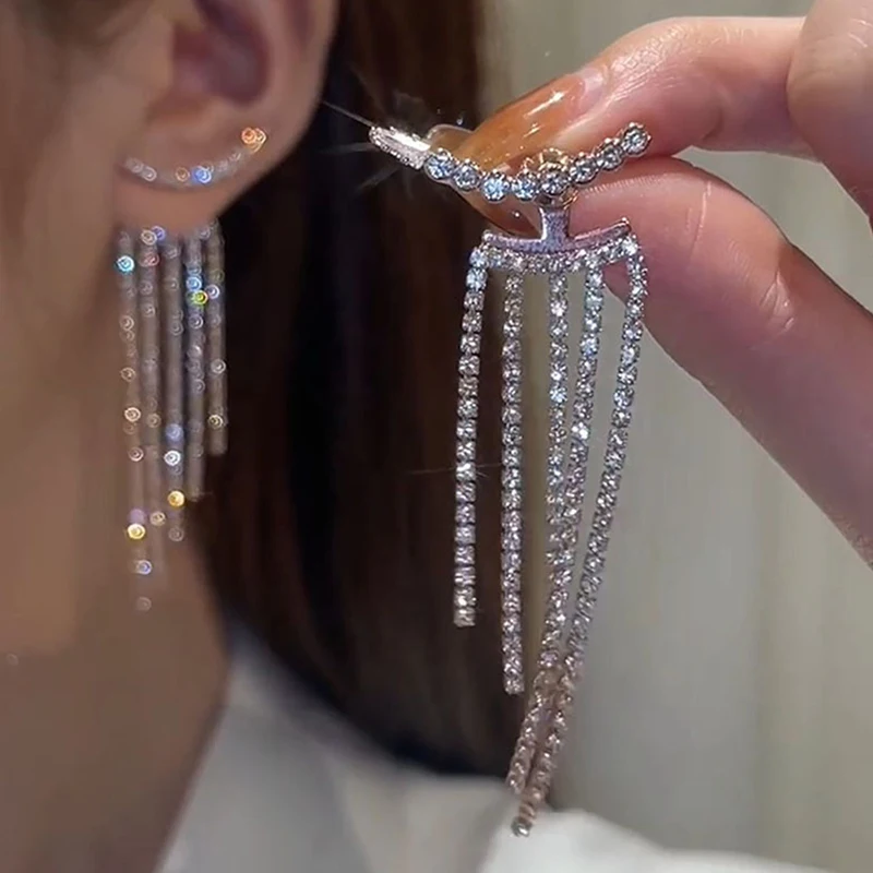 S925 Silver Needle Temperament Tassel Long Full Of Rhinestone Earrings For Bridal Wedding Accessories Trendy Fashion Design image 2