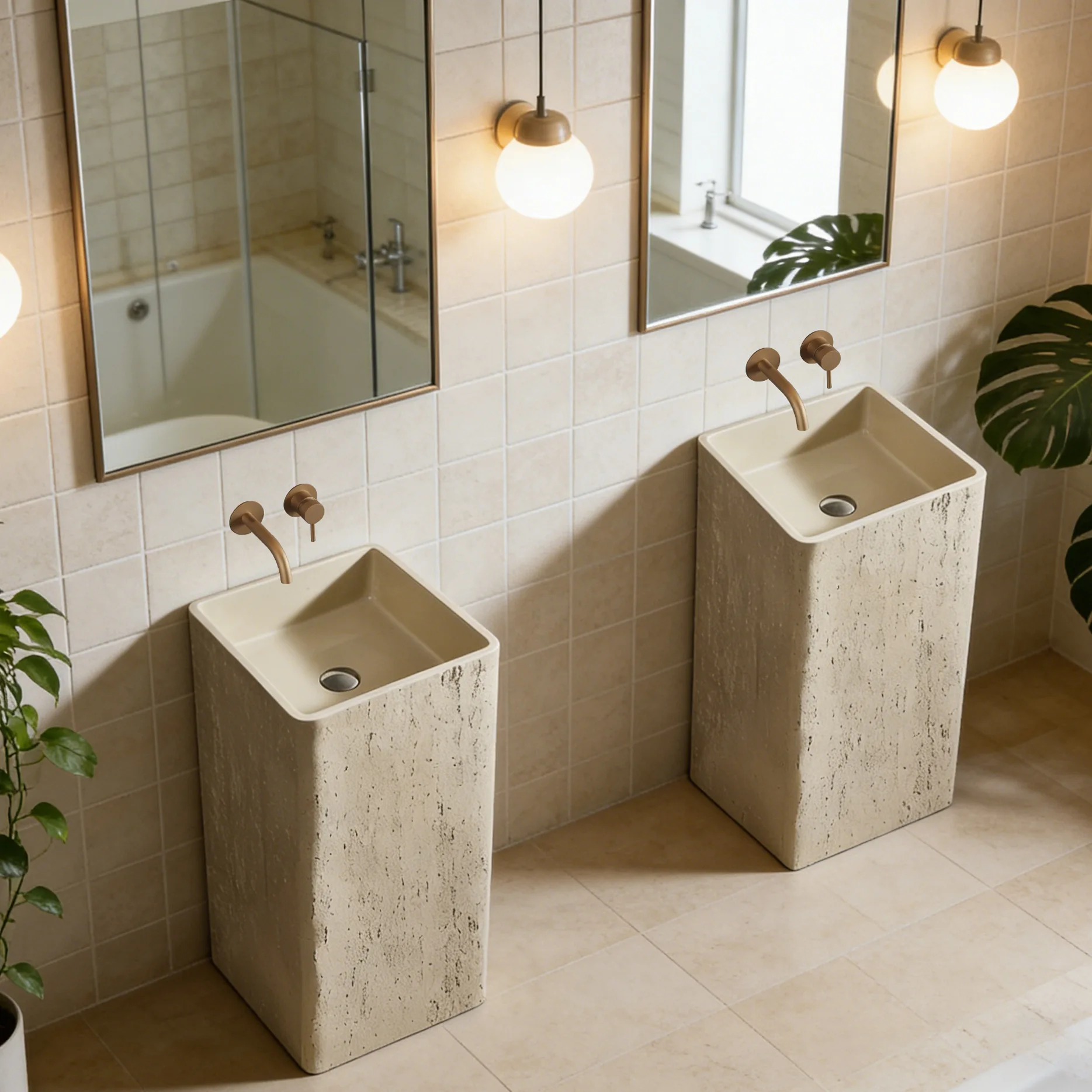 Medieval travertine pillar basin Floor-to-ceiling bed and breakfast hotel Outdoor wash basin Flaxen integrated wash basin