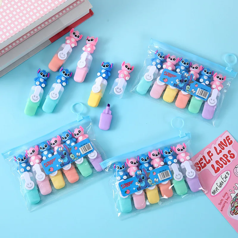 

Disney Stitch Bagged Mini Highlighter Lilo & Stitch Cartoon 6color Diy Handbook Pen Cute Student Marker Stationery Gift 6pcs