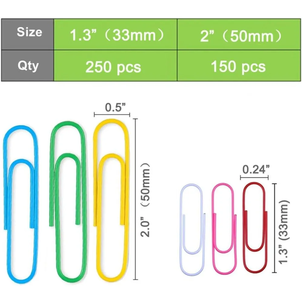 Vinyl Coated Paper Clips Assorted Sizes 400PCS, Medium & Large, Rustproof, Scratch Resistant for Office School Files, Heavy Duty, Multi-Purpose DIY