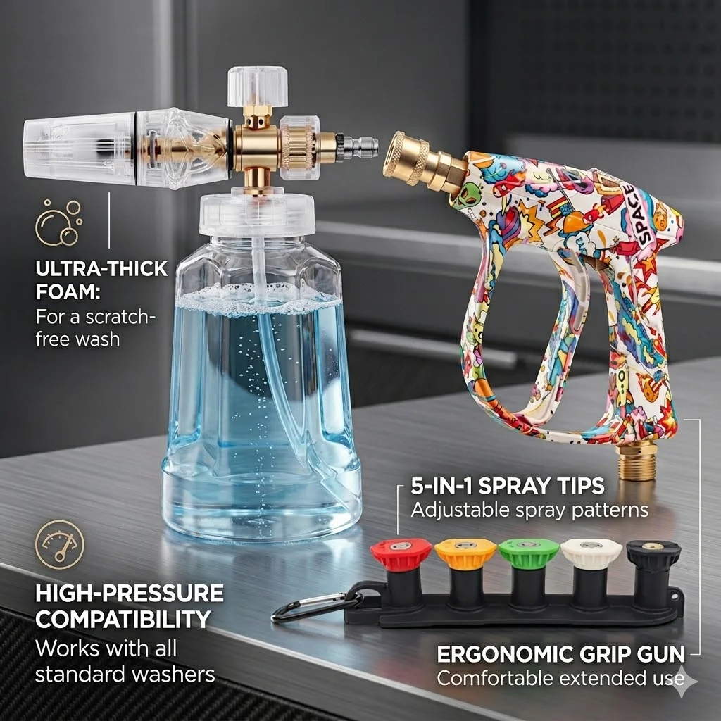 Large Mouth PA Foam Cannon Set, New Graffiti Wash Gun with 5 Color Nozzles and Base for Car Foam Cleaning