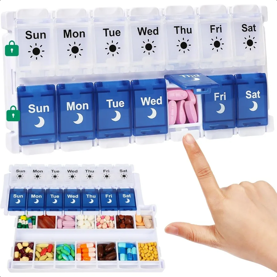 

Weekly Pill Organizer 2 Times a Day Easy Fill Am Pm Pill Box 7 Day Push Button Medicine Holder Daily for Vitamins plements Blue