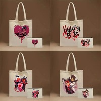 2 Pcs Helluva Boss Ladies Canvas Shoulder Bag Fashion Cosmetic Bag Eco Tote Large Capacity Shopping Bag Printed Wallet Gift