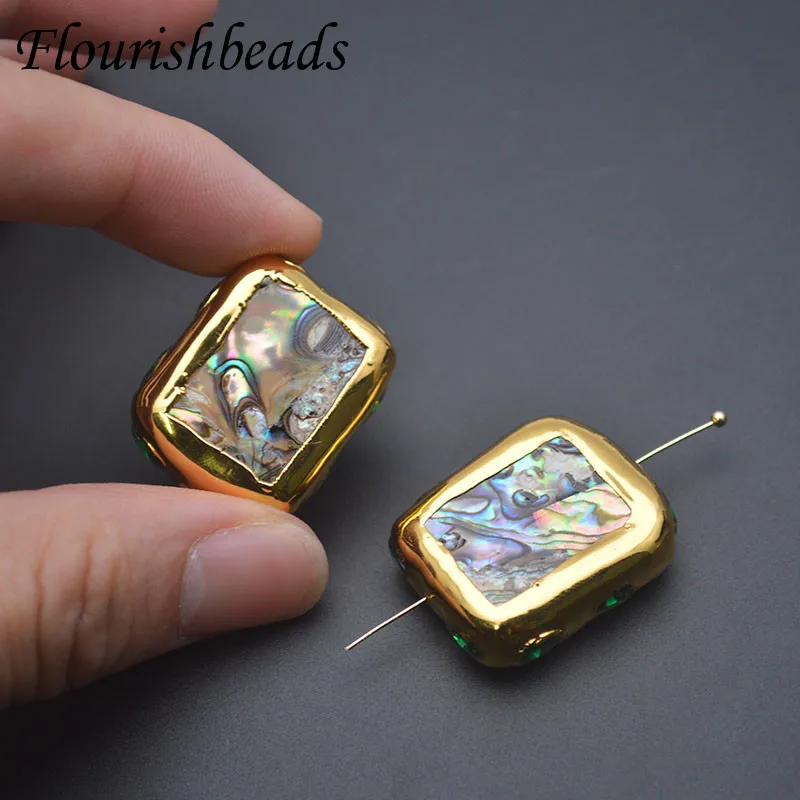 

10pcs/lot Gold Plated Square Abalone Shell Beads Paved Green Stone Through Hole Beads for DIY Jewelry Making Accessories