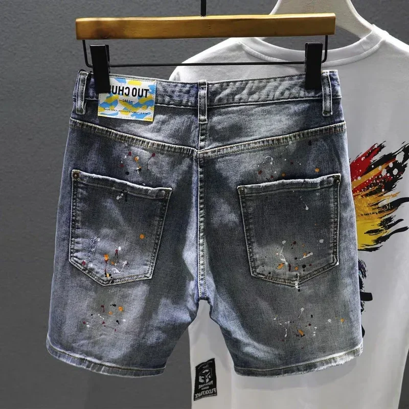 Celana Jeans Pendek untuk Pria Celana Pendek Denim Pria Kulit Hitam Robek Multi Warna Baru dalam Peregangan Fashion Korea Koboi Dipasang Musim Panas Mewah Xl