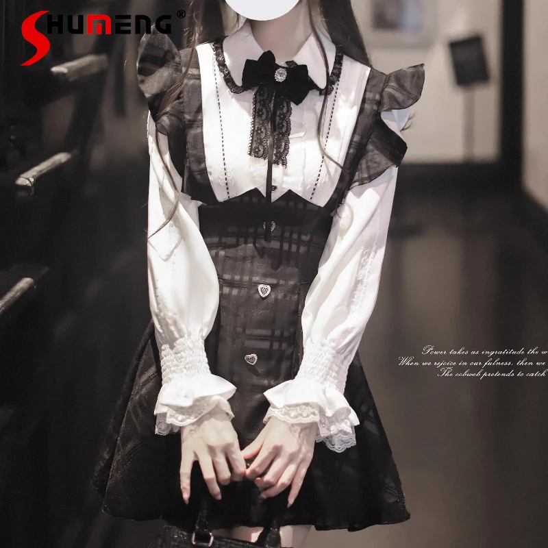 

New Rojita Style Sweet Single-Breasted Blouse Japanese SC Lace Mass-Produced Gothic Strap Skirt Long Sleeves Shirt Two-Piece Set
