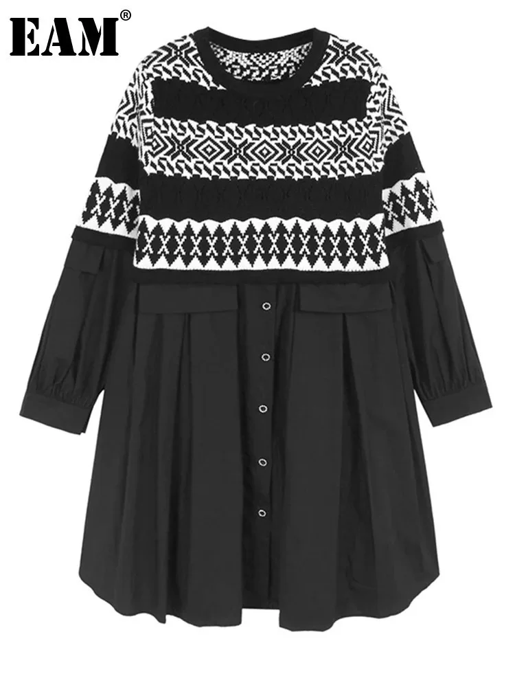 [EAM] Women Black Pattern Knitting Big Size Pleated Dress New Round Neck Long Sleeve Fashion Tide Spring Autumn 2024 1DH7019