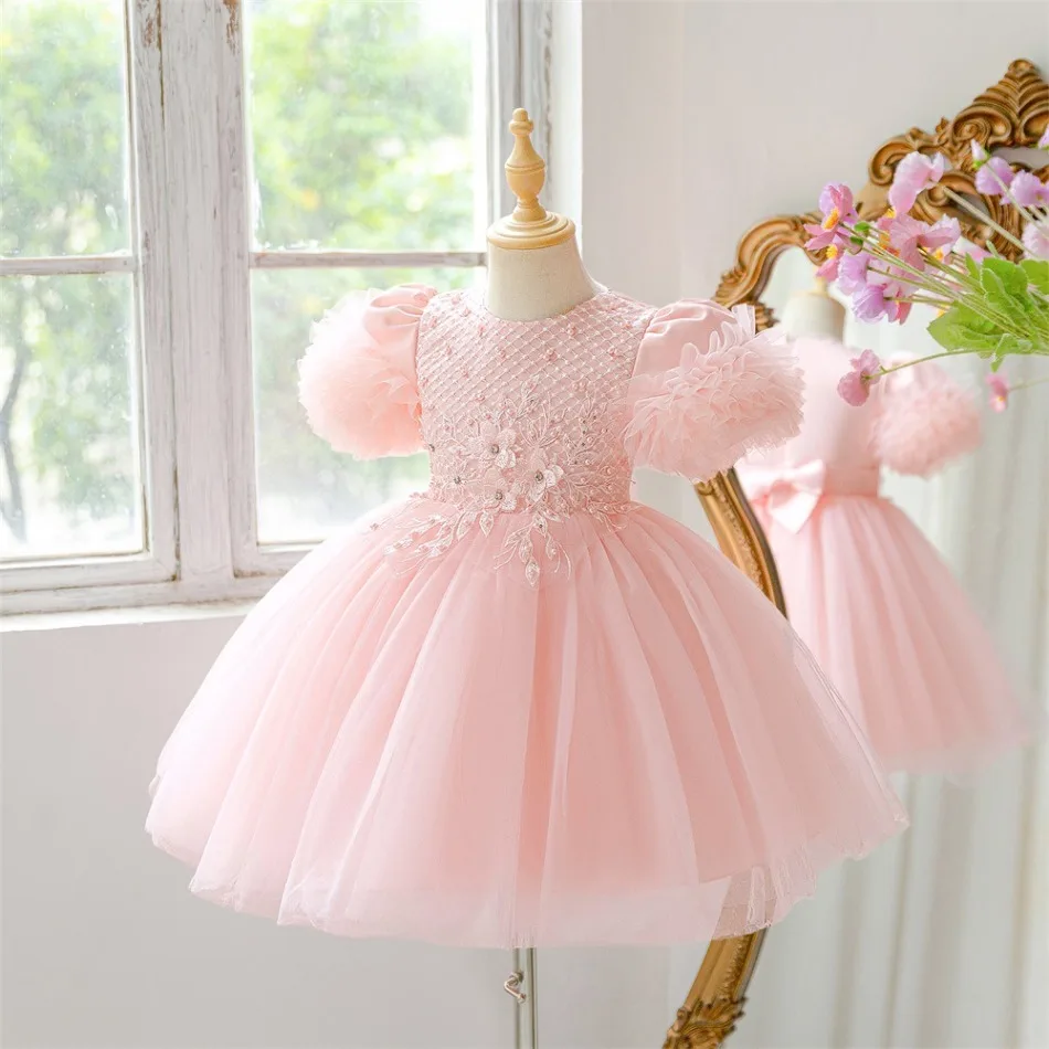 Girl Pink Beaded Lace Embroidery Flower Dress Fluffy Puff Short Sleeve Layer Tulle Tutu Kids Wedding Pageant Formal Gown ASQ03