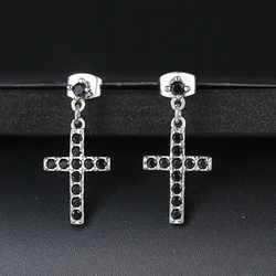 Cross Earrings For Women Classic Simple Iced Out Cubic Zirconia Black Crystal Silver Color Dangle Ear Fashion Jewelry E328