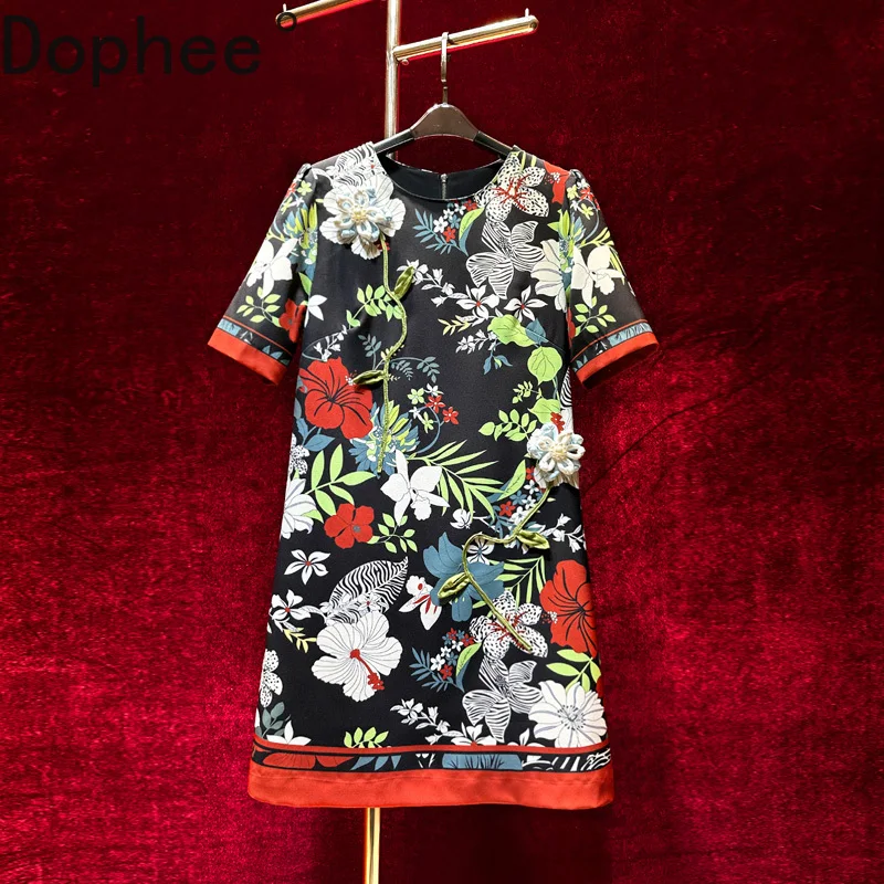 Vintage palácio impressão feminina mini vestido contas tridimensionais flores o pescoço vestido de manga curta elegante senhora vestidos formais