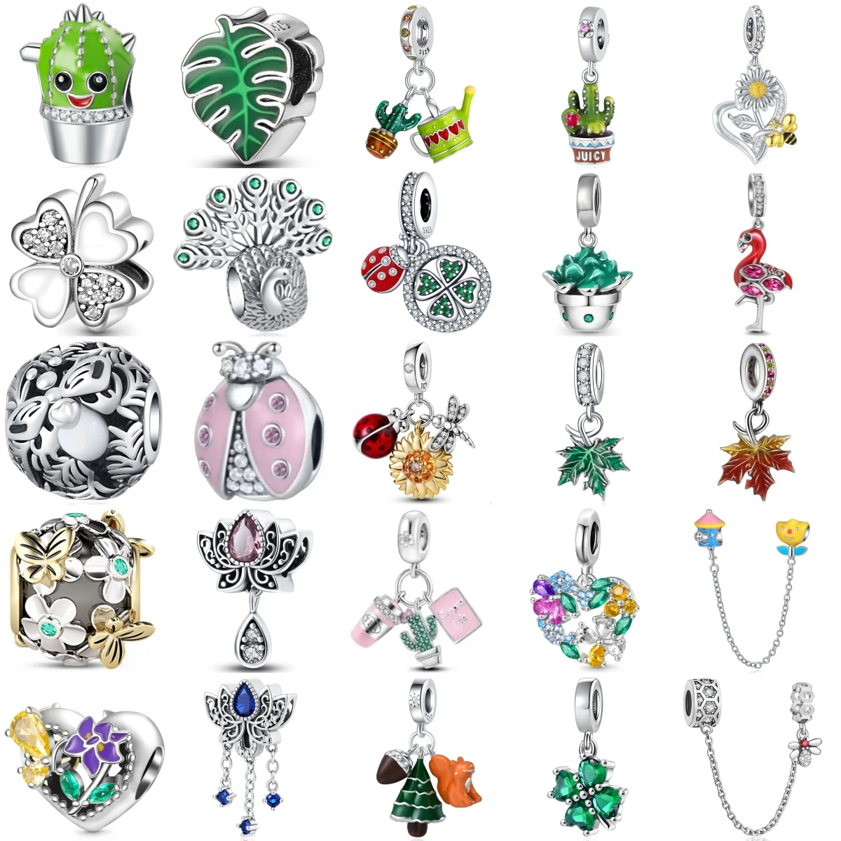 925 Sterling Silver Cactus Leaf Clover Ladybug Bee Flamingo Dangle Charms Beads Fit Bracelet DIY Women Jewelry Gift