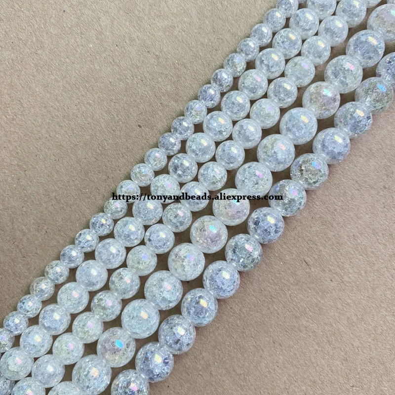 Natural Stone Shining AB White Snow Cracked Crystal Round Loose Beads 15\