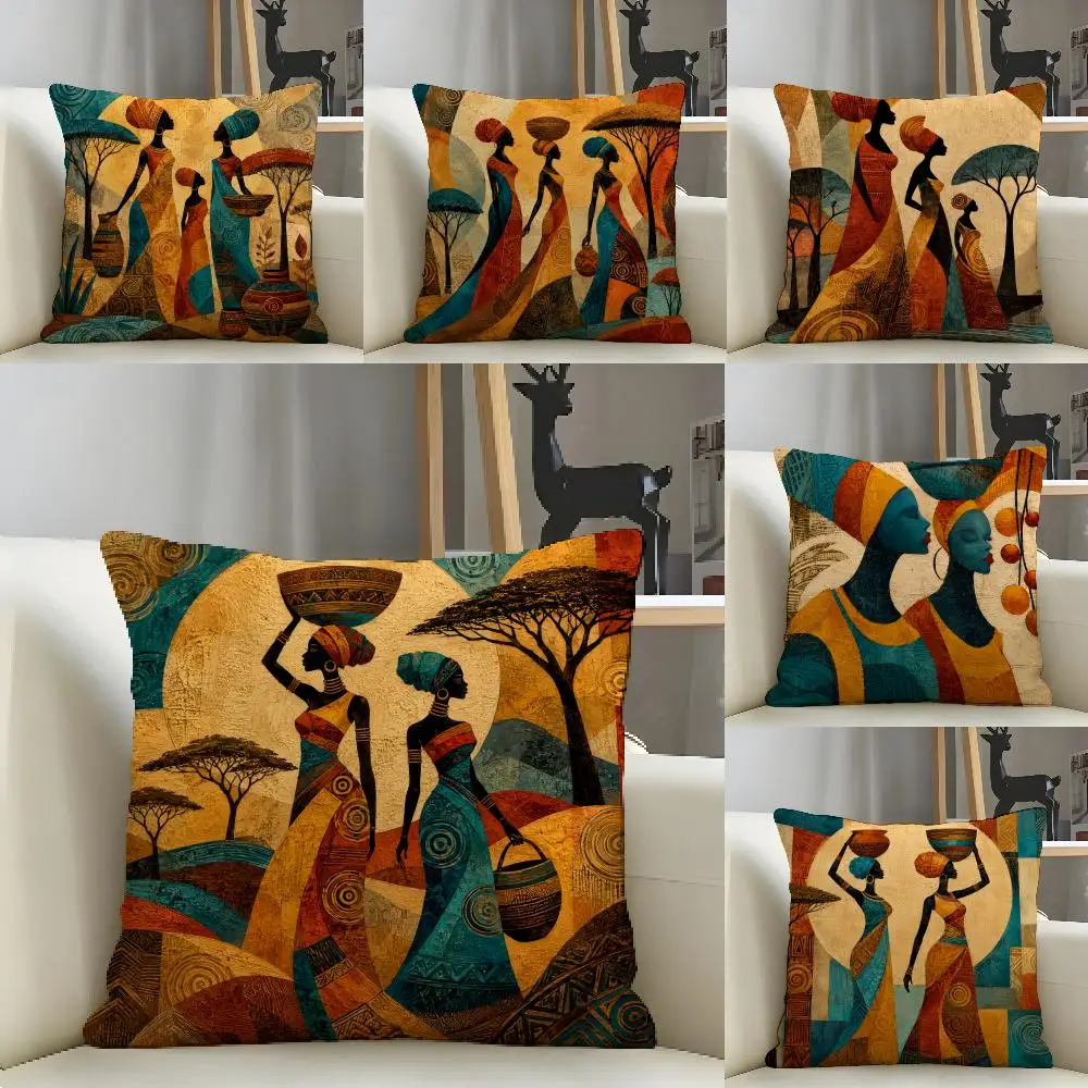 African Women Silhouette Cushion Cover Natural Linen Pillow Case Organic Fabric Double Sided Print Sofa Home Decor Gift