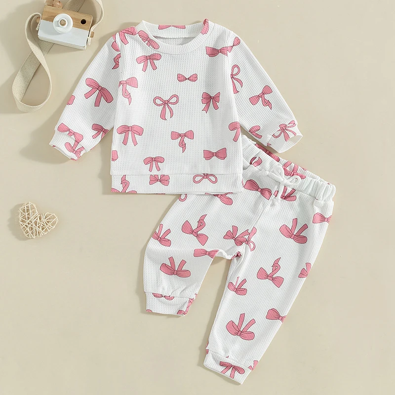 Toddler Kids Baby Girls Waffle Clothes Sets Bow Print Long Sleeve Crew Neck Sweatshirts with Elastic Waist Sweatpants Clothes