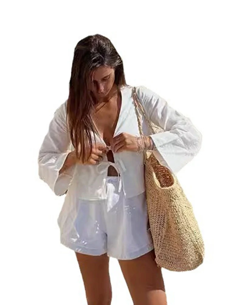 

2025 Summer White Lace Up Shirts For Women‘s Elegant Loose Long Sleeve V-neck Blouse Female Solid Causal Street Chic lady Tops