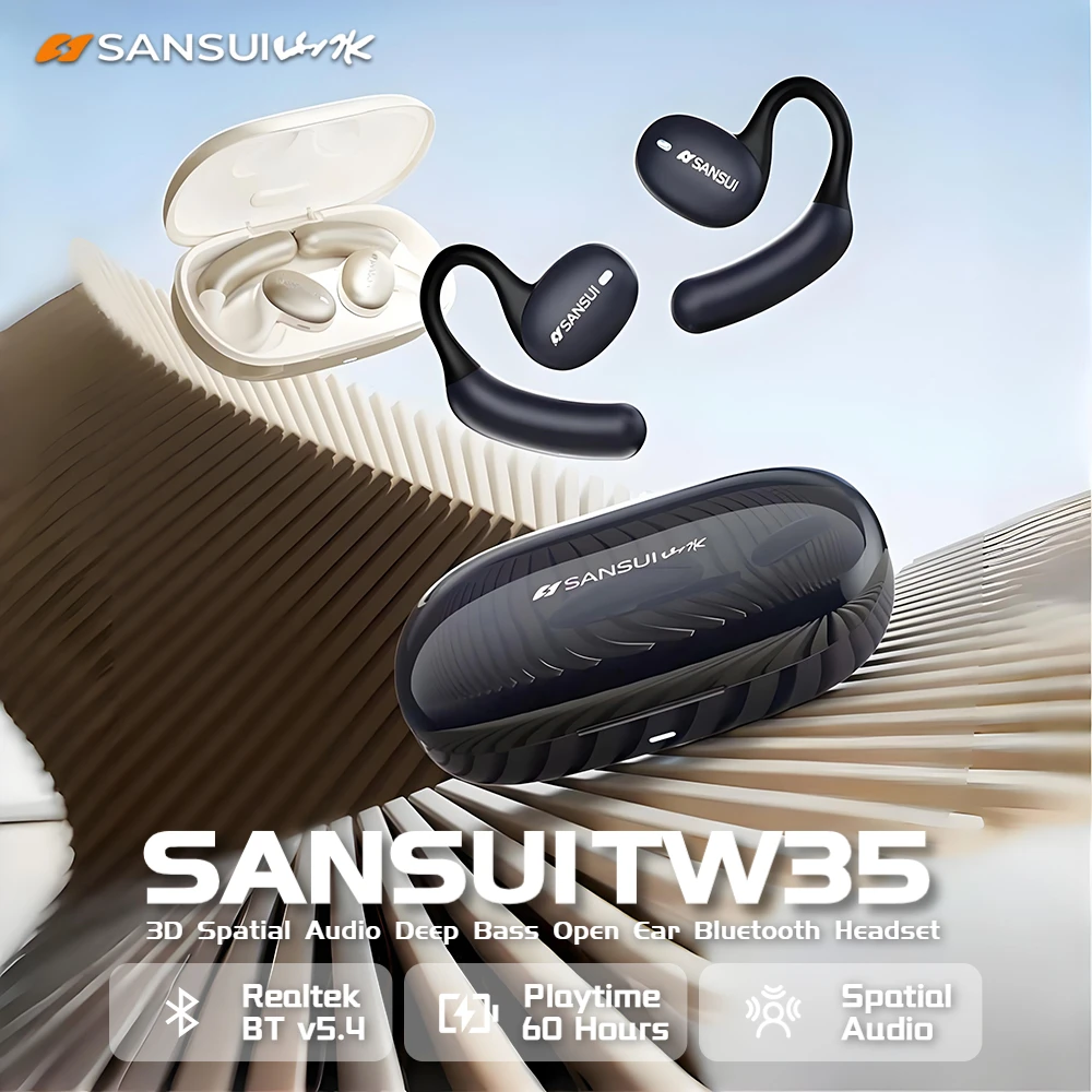 Sansui TW35 سماعات أذن مفتوحة بلوتوث 5.4 سماعات عميقة باس ثلاثية الأبعاد صوت محلي IPX5 مقاومة للماء سماعة OWS رياضية مع وقت تشغيل 60 ساعة