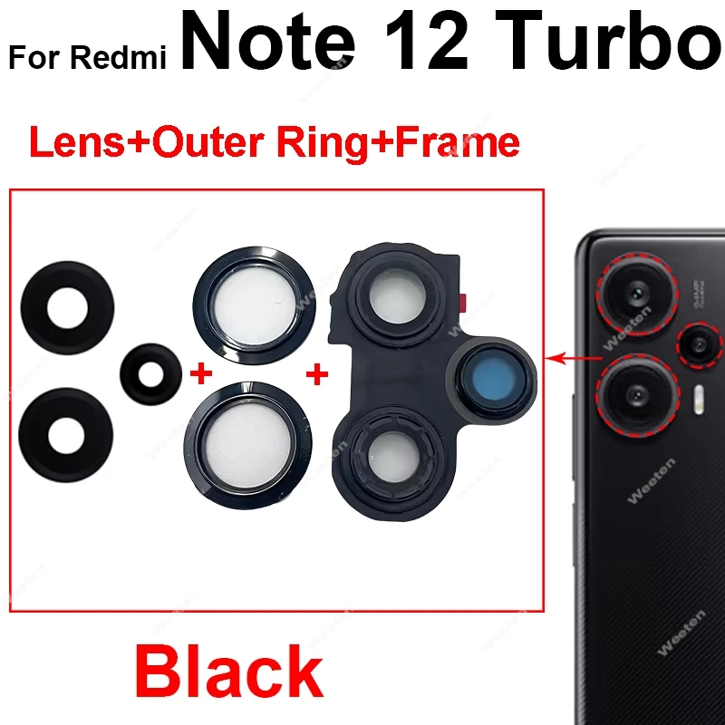 For Xiaomi Redmi Note 12 Turbo Rear Camera Glass Lens Cover Back Main Camera Lens Glass Frame Holder Repair Parts