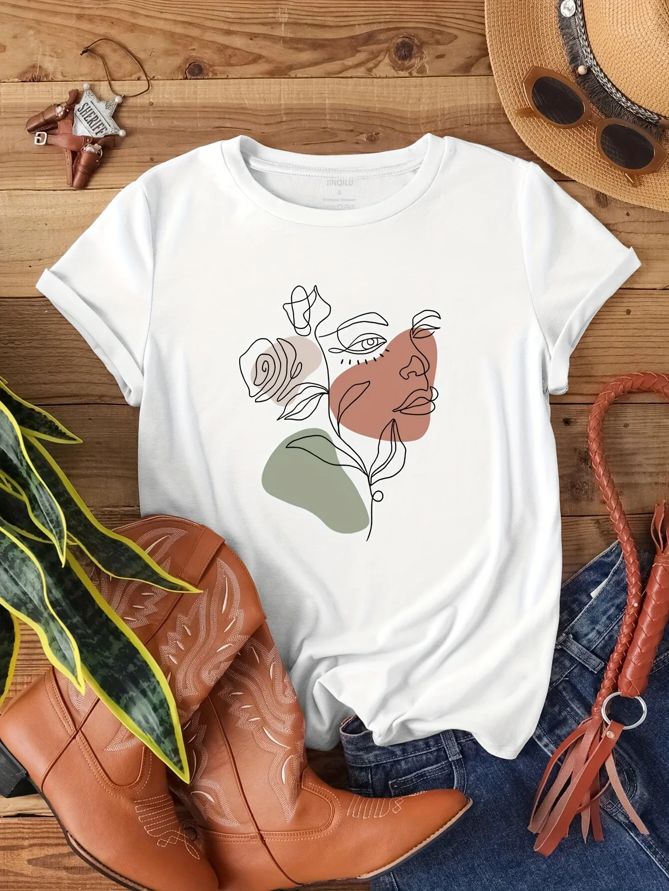Casual Short Sleeve Abstract Figure Print Crew Neck T-Shirt - Women's Clothing For Spring & Summer