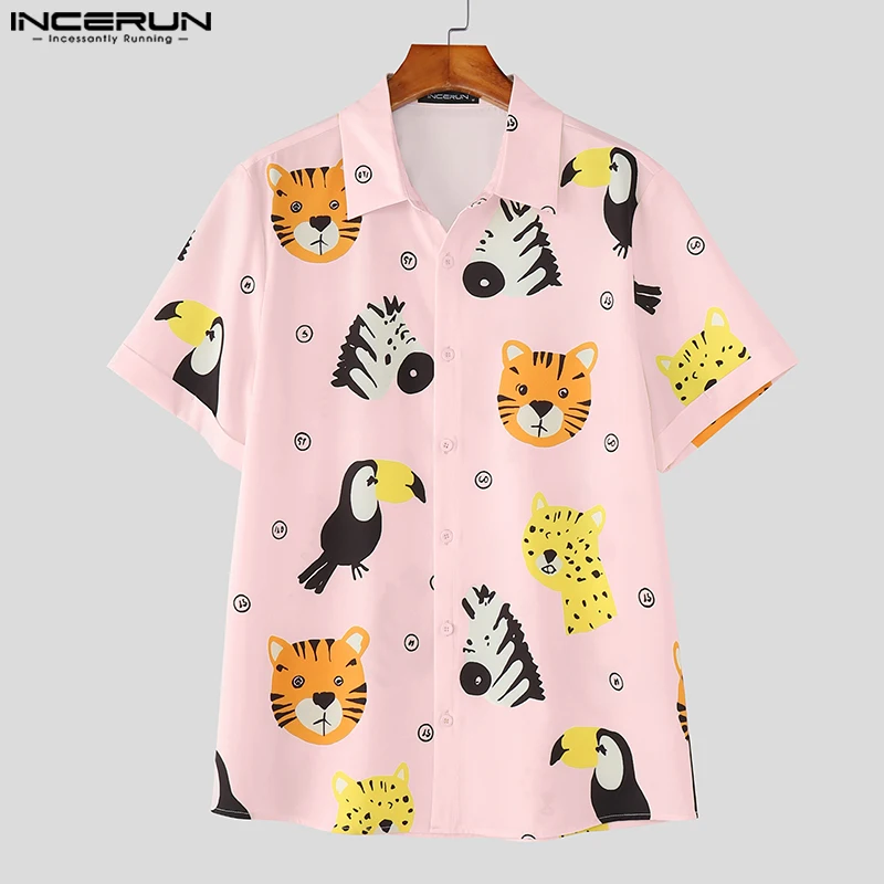 

INCERUN Men Shirt Printing Lapel Short Sleeve Loose Male Shirts Summer Vacation Korean Style Streetwear Fashion Men Clothing